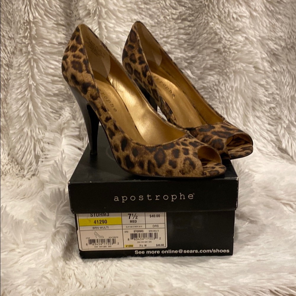 Apostrophe Leopard Print Peep Toe Heels